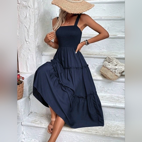 NEW Boho Flowy Smocked Tiered Ruffle Cami Dress Navy Blue - Picture 3 of 8